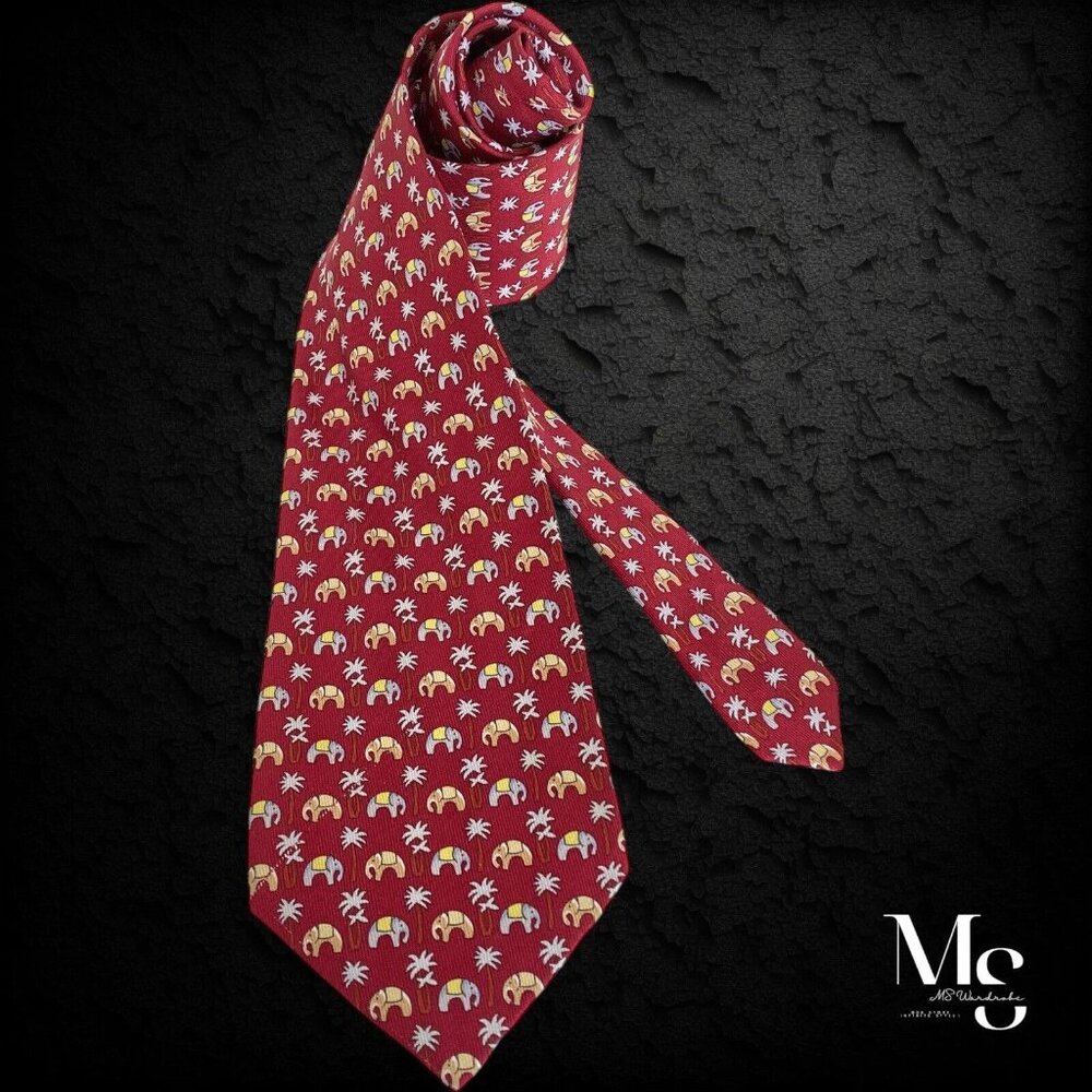 JIM THOMPSON Elephant & Tree Print Luxury Designer Silk Tie  W: 3.25" EX COND